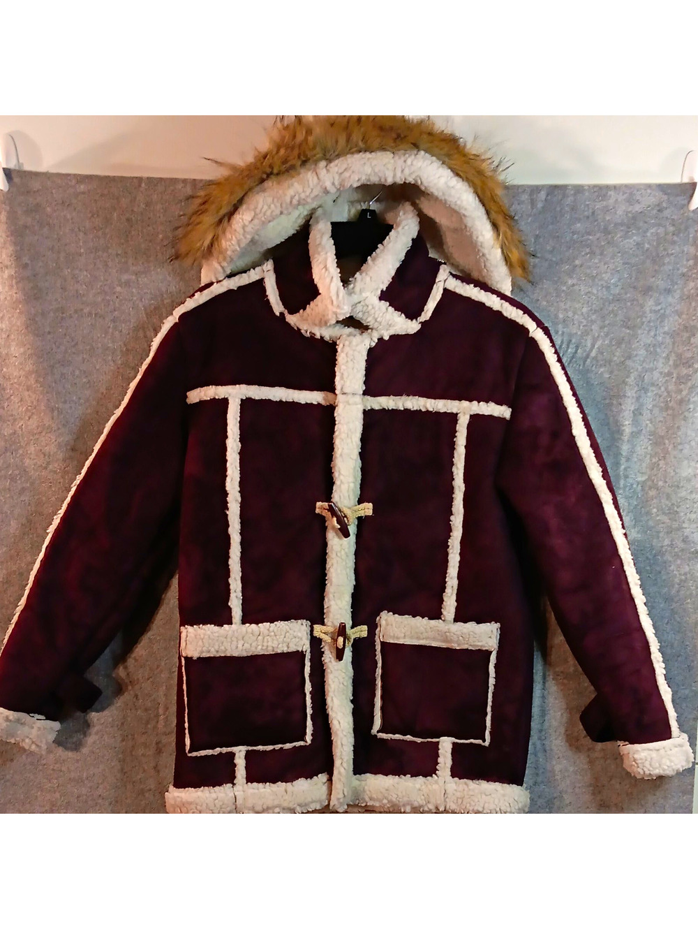 BKYS Womens Burgundy Faux Suede Hooded Sherpa Lined Toggle Jacket Size 10